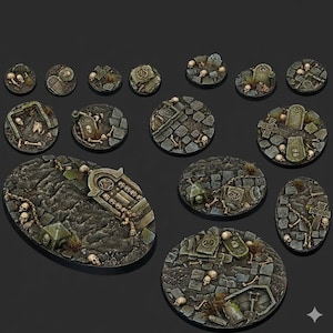 May include: A selection of miniature graveyard terrain bases. The bases are circular and oval, depicting cobblestone textures, tombstones, skulls, and skeletal remains. The colour scheme includes shades of grey, brown, and green.
