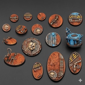 May include: A selection of miniature bases, ideal for tabletop gaming, with a post-apocalyptic or sci-fi aesthetic. The bases showcase industrial elements, skulls, and hazard markings. The colour scheme includes rusty browns, greys, and metallic highlights.