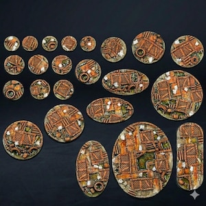May include: A selection of miniature bases in diverse shapes, such as circles, ovals, and rectangles. The bases showcase a detailed, textured design with a rusty, industrial aesthetic, using brown, orange, and green hues. These bases are likely for tabletop gaming.