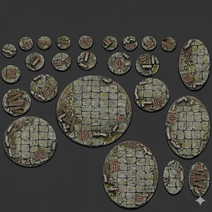 May include: A selection of miniature dungeon terrain pieces. The pieces feature a cobblestone design with details like pipes, grates, and wooden planks. The pieces are in various shapes, including circles and ovals, and are painted in shades of grey and brown.