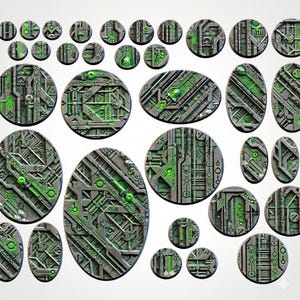Alien / xeno technology style resin miniature / figure bases / toppers 25mm, 32mm, 40mm, 50mm, 60mm, 63mm, 80mm, 100mm, oval, round
