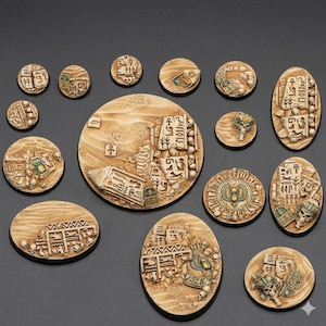 May include: A selection of beige and brown miniature bases with an ancient Egyptian theme. The bases are round and oval, featuring hieroglyphs, ruins, and skull details. The bases are designed for tabletop gaming.