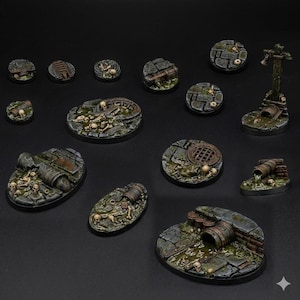 May include: A selection of miniature terrain bases for tabletop gaming. The bases showcase a detailed, weathered aesthetic with stone, skulls, barrels, and other dungeon-themed elements. The colour palette includes shades of grey, green, and brown, creating a realistic, aged appearance.