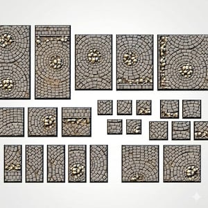 Bases para miniaturas/figuras em resina, estilo calçamento de estrada de pedra medieval, nos tamanhos 20 mm, 25 mm, 30 mm, 40 mm, 50 mm, 60 mm, 75 mm, 100 mm e 150 mm (quadradas e retangulares).
