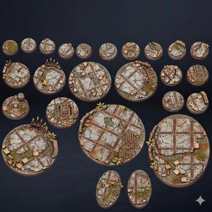 Può includere: Una collezione di basi in miniatura a tema post-apocalittico o industriale. Le basi presentano un mix di texture, tra cui cemento crepato, piastre metalliche e detriti sparsi. Alcune basi hanno piccole piante decorative. La tavolozza dei colori è principalmente attenuata, con sfumature di grigio, marrone e ruggine.