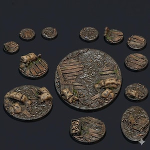 May include: Miniature terrain bases with a war-torn theme. The bases are predominantly brown and grey, with wooden planks, sandbags, and debris. Various shapes and sizes are shown, suitable for tabletop gaming.