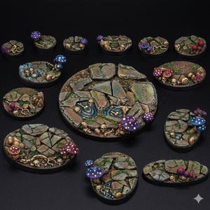 May include: A selection of miniature bases with a fantasy theme. The bases are decorated with stone textures, skulls, bones, and colourful mushrooms. Some bases have small pools of water. The colour palette includes shades of grey, brown, green, red, and purple.