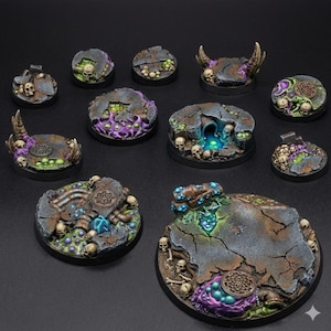 May include: A selection of miniature bases with a fantasy theme. The bases are round and feature cracked stone, skulls, and glowing green and purple elements. Some bases have horns or pipes.