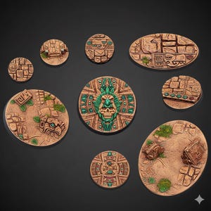 May include: A selection of brown miniature bases with detailed designs. The bases are in various shapes, including round and oval, and feature stone textures, carvings, and green accents. Some bases have a skull design, with measurements in cm.