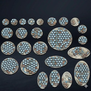 May include: A selection of miniature bases in various shapes. The bases feature a honeycomb pattern with blue and silver piping, and bronze-coloured mechanical details. Designed for tabletop gaming.