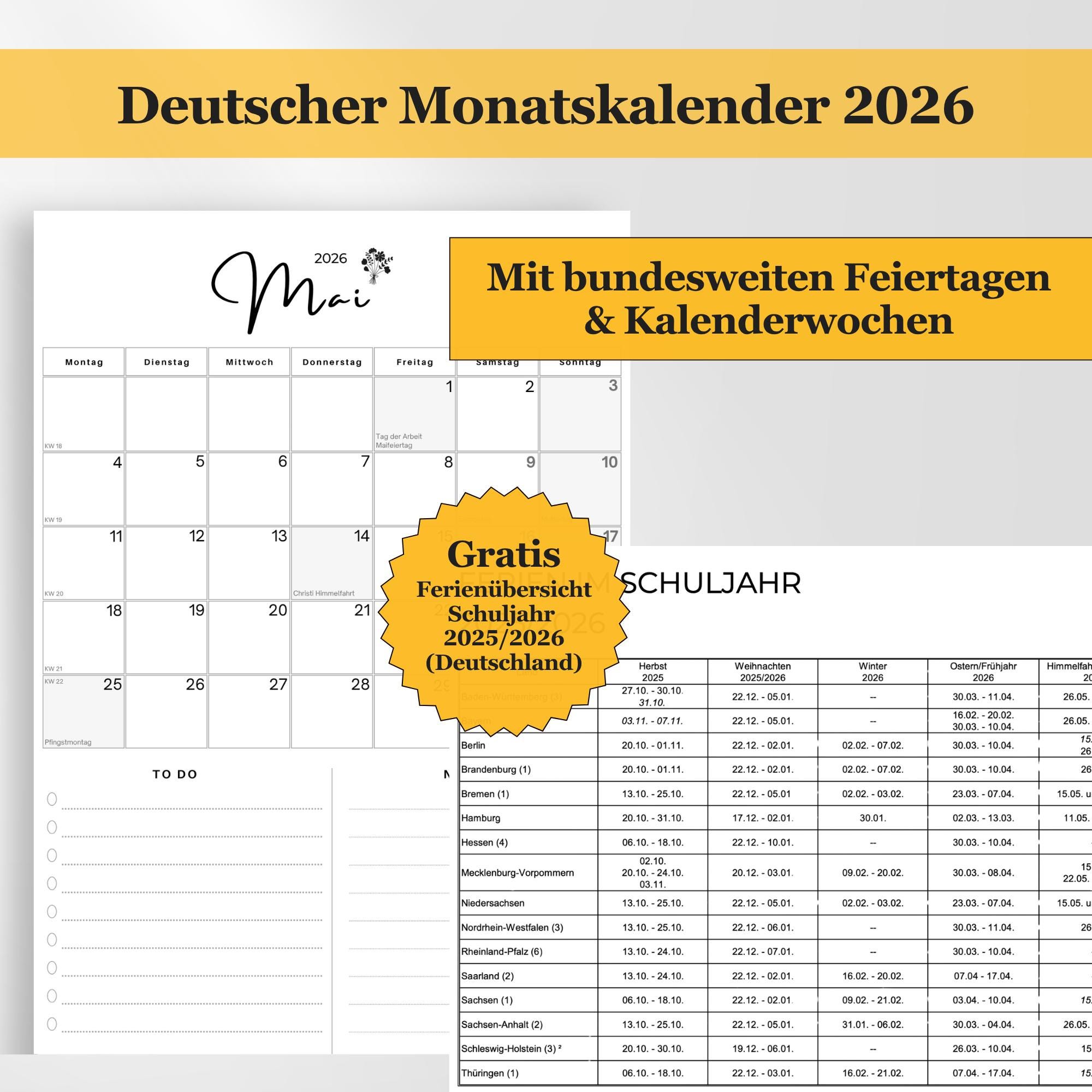Kalender 2026 PDF zum Ausdrucken, Monatskalender DIN A4