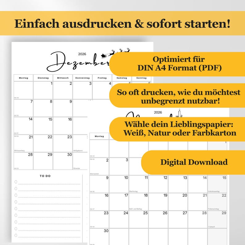Kalender 2026 PDF zum Ausdrucken, Monatskalender DIN A4