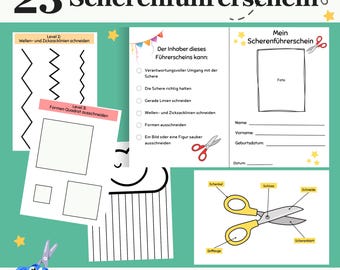 Scissors license for children, kindergarten, preschool, exercises, cutting exercise, daycare material, fine motor skills cutting, daycare license