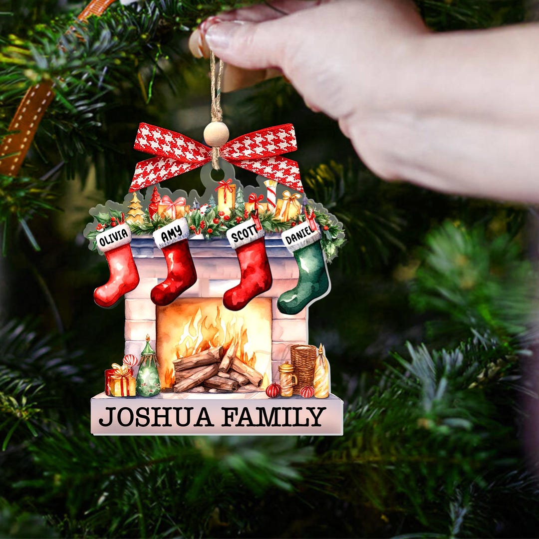 Custom Stockings on Fireplace Ornament, Personalized Family Christmas
