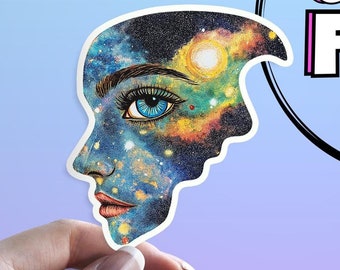 Sticker visage cosmique : Sticker univers imperméable contemplation de l'espace – Décoration de l'espace pour ordinateurs portables, Kindles, iPads, journaux et bouteilles d'eau