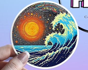Wave Off Kanagawa-sticker: Great Wave Hokusai Dot Art waterdichte sticker - decor voor laptops, kindles, iPads, tijdschriften en waterflessen