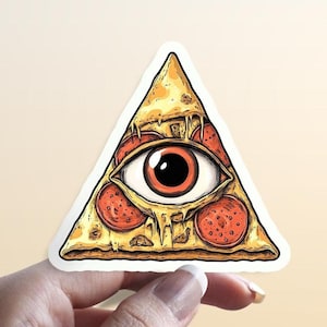 May include: A sticker of a pizza slice shaped like a pyramid with an all-seeing eye in the center. The pizza has pepperoni and cheese.