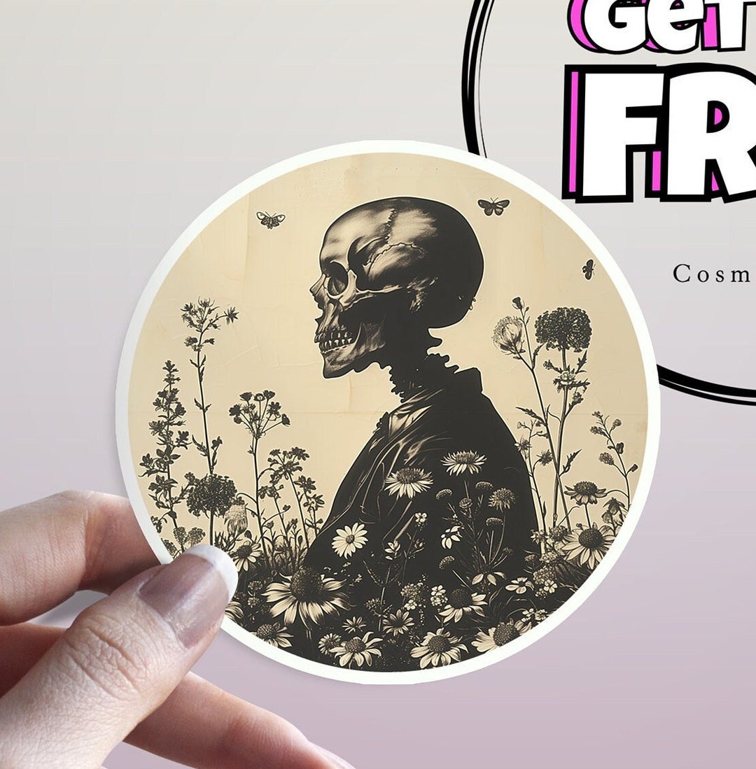 Rebirth Sticker Life & Death Sticker: Skull, Flowers and Rebirth Waterproof Skeleton ...