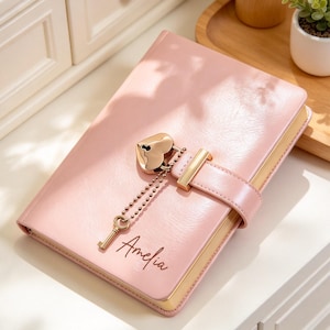 May include: A light pink journal with a smooth finish featuring a gold-colored heart-shaped padlock and a matching key attached by a beaded chain. The cover has a strap closure and the name Amelia is printed in a dark script font on the front.