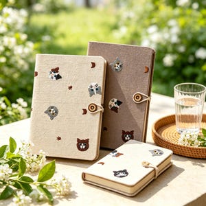 Op de afbeelding: Drie met stof beklede notitieboeken met geborduurde kattengezichten en kleine maansikkelmotieven. Twee notitieboeken zijn crèmekleurig en één is bruin. Elk notitieboek heeft een knoopsluiting met een koordlus om de kaft te sluiten.
