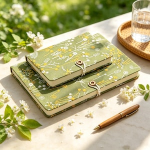 Op de afbeelding: Twee rechthoekige notitieboeken met olijfgroene stoffen kaften voorzien van geborduurde witte en gele wilde bloemenpatronen. Elk notitieboek is vastgezet met een wit koord dat om een houten knoop is gewikkeld. Een houten pen ligt ernaast.