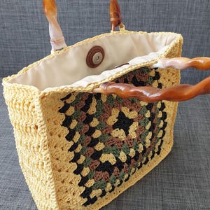 Butter Gelb Papier Seil Einkaufstasche, Vintage Oma Quadrat Stroh Handtasche, Sommer Strohtasche, handgemachte Urlaubstasche, Geschenk für sie, Geschenk für Freund