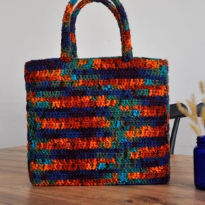 Handmade Crochet Velvet Tote Bag: Colorful Knitted Lined Bag