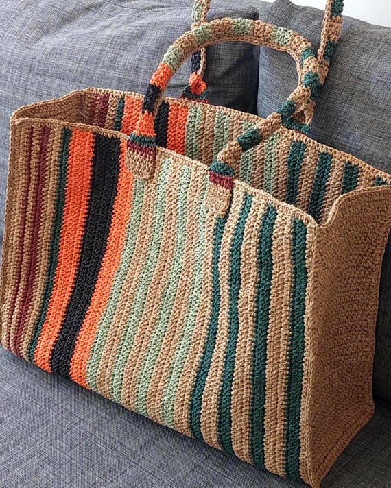Handmade Straw Striped Weekend Bag: Crochet Large Boho Raffia Beach Bag