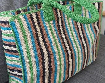 Handmade Straw Striped Weekend Bag: Colorful Crochet Raffia Beach Bag