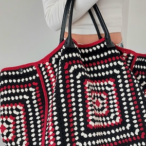 XXL Bunte Vintage Wochenende häkeln Einkaufstasche, Oma Platz Poppins Tasche,Burgundy Schwarz-Weiß Tasche,Reisetasche,Geschenk für Sie, Geschenk für Freund