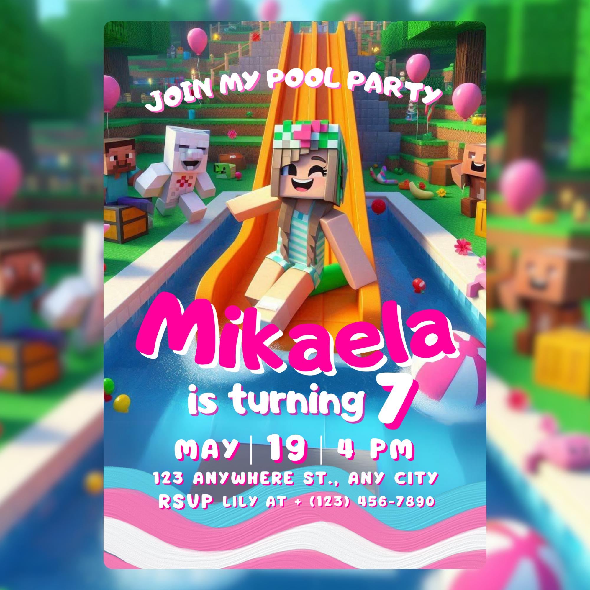 Minecraft Girl Pool Party Invite