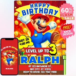 Edytowalne zaproszenie na imprezę Mario, edytowalny szablon zaproszenia na urodziny Mario do wydrukowania, zaproszenie urodzinowe Super Mario, zaproszenie Mario Bros