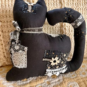 Spooky Handcrafted Country Cottage Core Patchwork Black Halloween Cat Pillow, Shelf Sitter, Shabby Primitive Decor