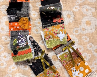 Halloween Slow Stitched Fabric Patchwork Snippet Rolls, Junk Journal Supplies