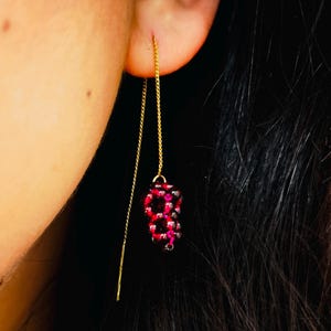 Hand-made Natural Garnet Threader bar Chain Cartilage earrings Double piercing String the beads into a Grape shape, 14K Gold Plated