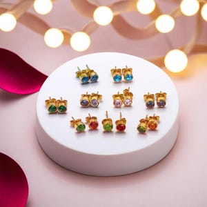 Radiant Tiny Gold Birthstone Stud Earrings, 4mm Round Crystal, Multicolour Stones - Timeless Gift for Her, Beautiful Women's Jewellery.