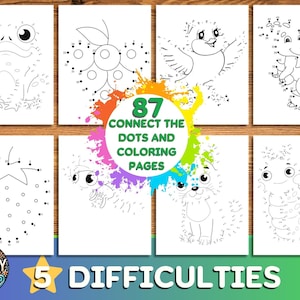 May include: A set of 87 connect-the-dots coloring pages featuring various animals and objects. The pages are designed for children and include 5 different difficulty levels.