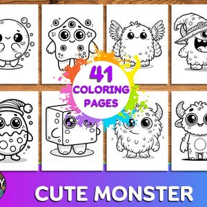 Libro da colorare, Pagine da colorare di mostri kawaii per bambini, Pagine da colorare stampabili, Schede da colorare digitali di mostri.