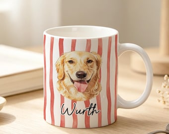 Personalized Pet Portrait Mug, Dog Watercolor Drawing Mug, Pet Face Picture Gift Striped Mug, Pet Lover Gifts, Dog Mom Gift, Cat Dad Gift
