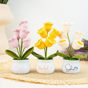 May include: Three crochet tulip flower arrangements in white pots. One arrangement features pink tulips, another yellow, and the last white. Each pot has a name: "Maggie", "Rachel", and "Sophia". The flowers have green stems and leaves.