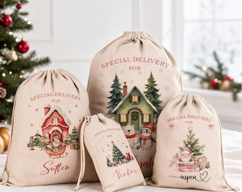 Saco navideño personalizado, bolsa de regalo de Papá Noel con nombre personalizado, regalo navideño familiar para niños, bolsa de regalo de tela reutilizable, bolsa para calcetín navideño