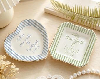 Custom Engagement Gift for Friends Besties,Stripe Jewelry Tray Gift,Personalized Ceramic Ring Dish,Bridal Shower Gift, Engaged Couple Gift