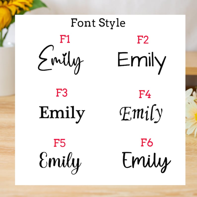 May include: A white card displays six different font styles for the name "Emily". The text "Font Style" is at the top. Each "Emily" is in a different font, labeled F1 through F6 in red.