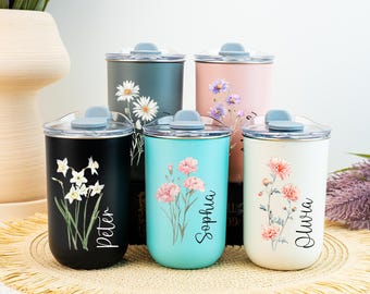 Custom Stainless Steel Tumblers,Birth Flower Insulated Travel Mugs,Unique Customizable Gifts for Her,Vacation Cup,Birthday Gifts,Holiday Cup