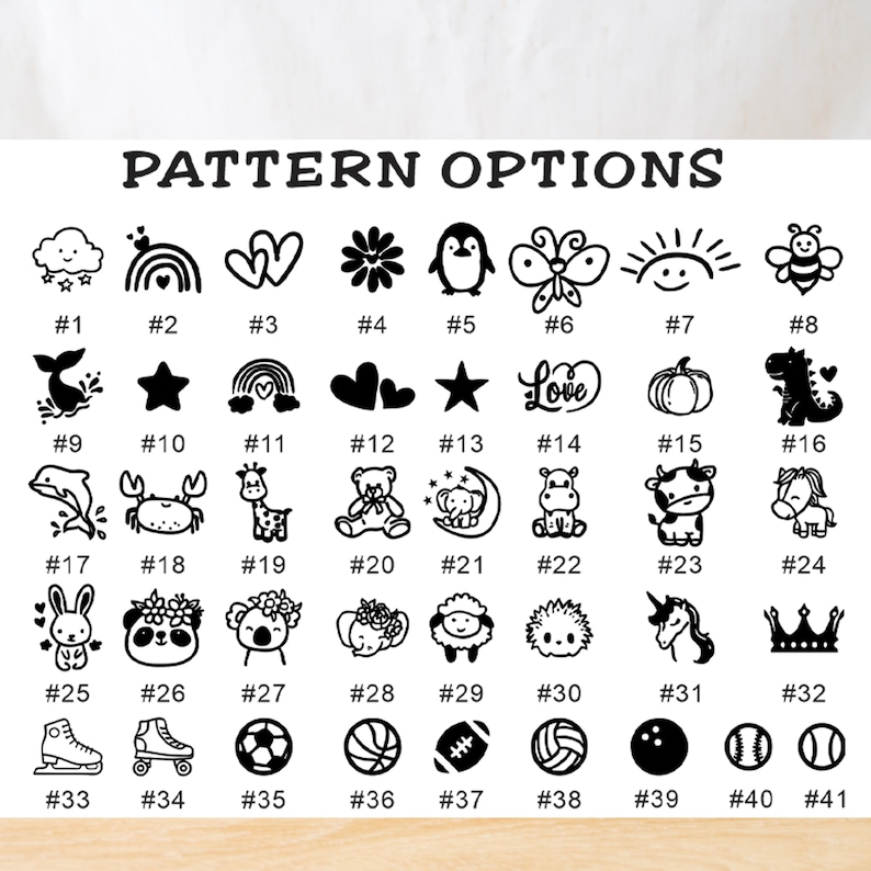 May include: A collection of 41 black and white pattern options, including a cloud, rainbow, hearts, flower, penguin, butterfly, sun, bee, whale, star, crab, giraffe, bear, and more. The text "PATTERN OPTIONS" is at the top.