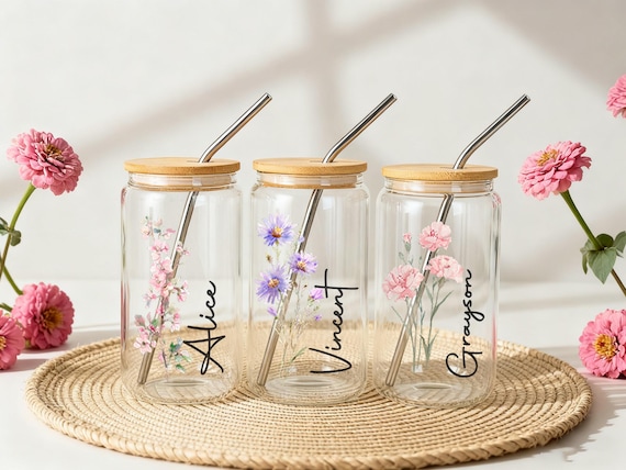 Custom Birth Flower Cup, Unique Gifts for Her, Bridesmaid Cup, Iced Coffee Cup, Birthday Gifts, Best Friends Gifts, Bridal Party Gifts