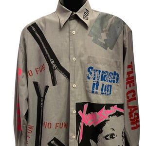 Återvunnen handsilkscreenad punkskjorta med knappar | XL | Unik i sitt slag