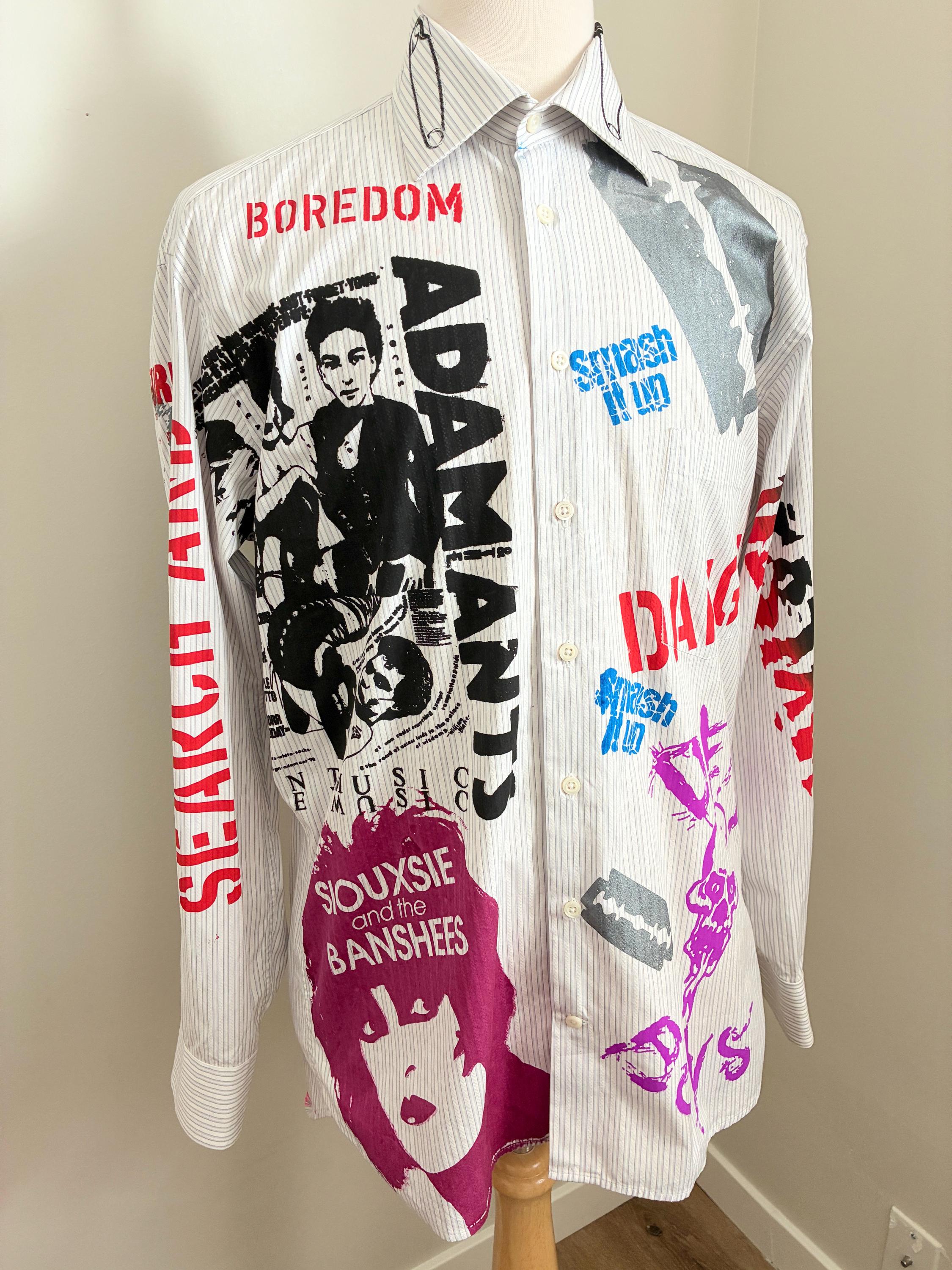 Upcycled Punk Graphic Button Down Shirt Hand Silk Screened One of a Kind Size Large
