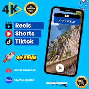Puede incluir: Un smartphone muestra un vídeo de Capri, Italia, con el texto "50 Capri Videos". Otros textos incluyen "Reels, Shorts, Tiktok" y "Go Viral". La imagen también presenta un icono de "Digital Download" y una etiqueta de "Canva Editable".