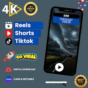 Pode incluir: Um smartphone exibe um vídeo de um céu nublado com o texto "100 Overcast Videos". A imagem também inclui ícones e texto para "Reels, Shorts, TikTok", um foguete e "Go Viral". Existem também ícones para "Download digital" e "Canva editável".